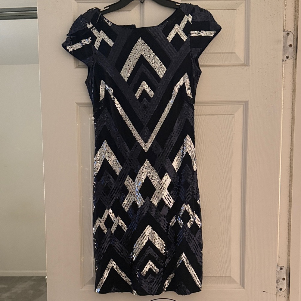 Vince Camuto Navy and Silver Geometric Sequin Mini Dress